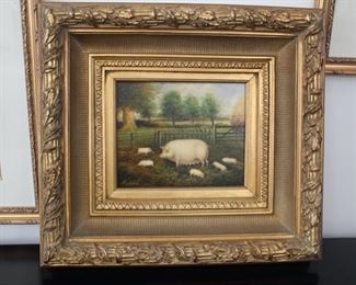 Pig oil on board painting, signed