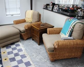 Pair wicker armchairs & ottoman