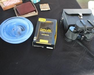 Kosta Boda art glass bowl; New iPhone 11 Otter box case, Sears binoculars