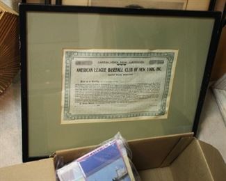 American League Baseball Yankees stock certificate, c 1920