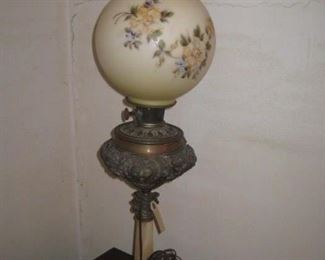 Antique brass and marble base lamp with hand painted globe
