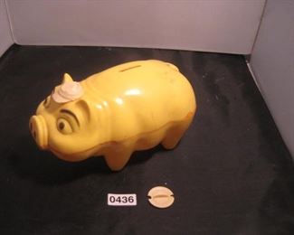 Vtg yellow w/white hat-tippin' pig coin bank  works