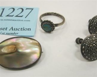 PAIR OF STERLING/MARCHACITE SCREW BACK EARRINGS, SMALL SIZE 5 3/4 UNMARKED RING, ANTIQUE MOTHER OF PEARL PIN IN STERLING FRAME