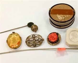 A HAT PIN, STICK PIN, AN OVAL FACETED YELLOW GLASS PENDANT WITH INTAGLIO CUT ROSE PATTERN, A VICTORIAN OVAL FILIGREE PIN WITH PASTE STONES, A CROSS TIE TACK