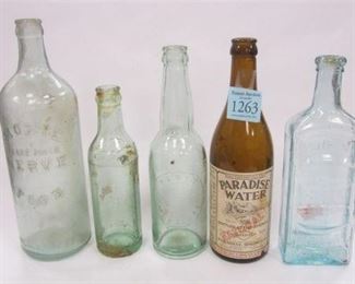 FIVE OLD BOTTLES
MOXIE NERVE FOOD, PABST BEER, HOOD'S SARSA PARILLA, LOX, PARADISE WATER