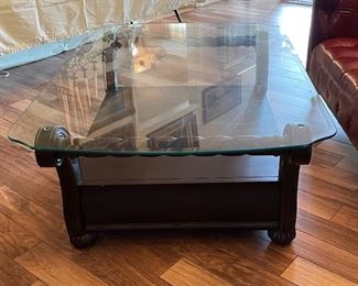 Coffee table glass top wood base 51x36x20