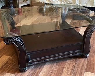 Coffee table glass top wood base 51x36x20