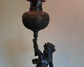$295 - Victorian lamp spelter Angel with pink globe 39Hx14W