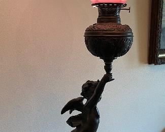 $295 - Victorian lamp spelter Angel with pink globe 39Hx14W