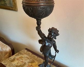$295 - Victorian lamp spelter Angel with pink globe 39Hx14W