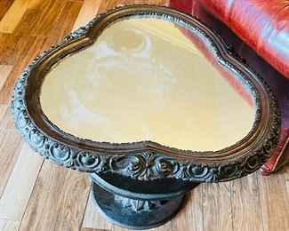 $200 Tri shaped round carved wood and mirror table 24x28x28