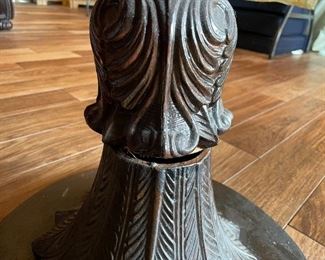 $200 Tri shaped round carved wood and mirror table 24x28x28