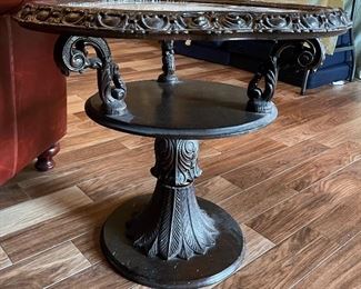 $200 Tri shaped round carved wood and mirror table 24x28x28