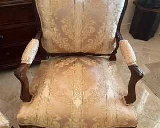 $295 - Pair of gold upholstery and wood framed armchairs 42Tx28W