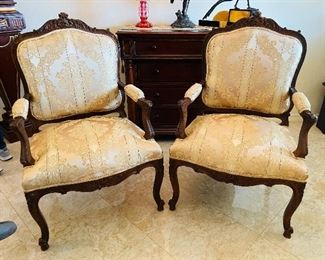 $295 - Pair of gold upholstery and wood framed armchairs 42Tx28W