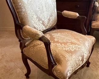 $295 - Pair of gold upholstery and wood framed armchairs 42Tx28W