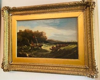 $275 - Ships in storm painting oil on panel 25x18