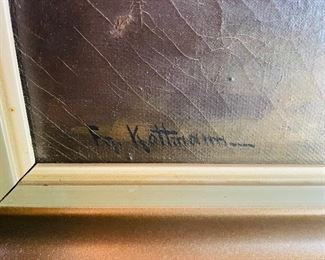 $250 - Oil on canvas of a figure standing smoking signed Fr Kottman 28x40