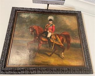$220 - General riding horse oil on canvas in black frame 29x24