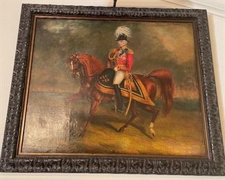 $220 - General riding horse oil on canvas in black frame 29x24