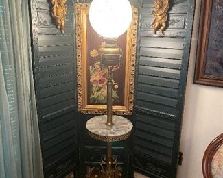 $350 Victorian lamp brass and round shade green 14x68 