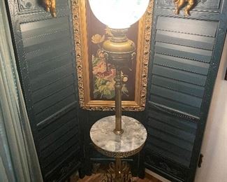 $350 Victorian lamp brass and round shade green 14x68 