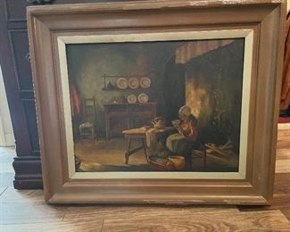 $90 Genre painting - in room mother and son 