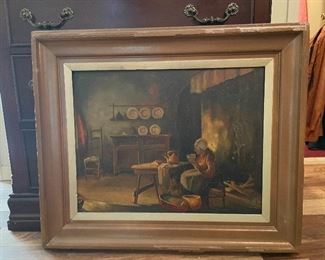 $90 Genre painting - in room mother and son 