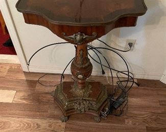 $220 - French style marquetry pedestal with porcelain 