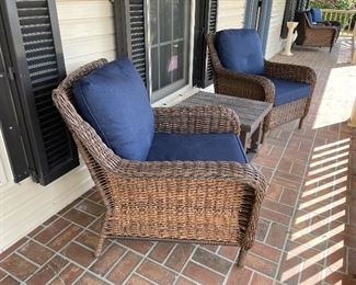 $350  All weather rattan set of 2 Armchairs with one side table (left front door set) pillows always taken inside daily. 