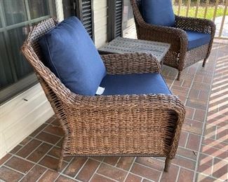 $350  All weather rattan set of 2 Armchairs with one side table (right front door set) pillows always taken inside daily. 