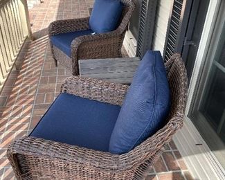 $350  All weather rattan set of 2 Armchairs with one side table (right front door set) pillows always taken inside daily. 