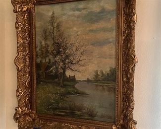 $86 - Dutch painting of landscape by river 