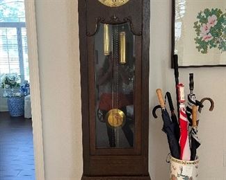 16 - $595 	1910's German Hamburg tall case clock works in place 79x20x 11		
