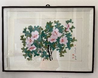 17 - $100 	oriental art 24x34 on paper painting of hibiscus 		
