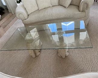 32 - $295 	Glass bevel top Elephant cream table 17Tx5'Wx30W