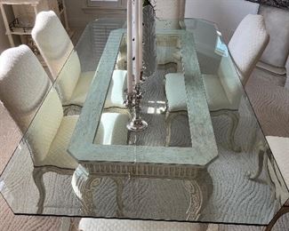 39 - $1,095 	Glass bevel (1/2") dining top 29Hx86Lx46W with 2 cream armchairs 42Tx25W & 4 chairs SOLD as a set 	