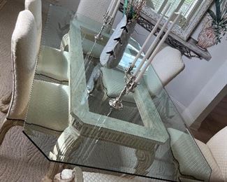 39 - $1,095 	Glass bevel (1/2") dining top 29Hx86Lx46W with 2 cream armchairs 42Tx25W & 4 chairs SOLD as a set 	