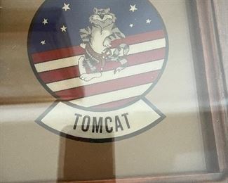 51 - $250 Hall wood table 31x49x16 Tom Cat plane memorabilia (crack glass corner)