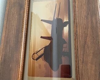 51 - $250 Hall wood table 31x49x16 Tom Cat plane memorabilia (crack glass corner)