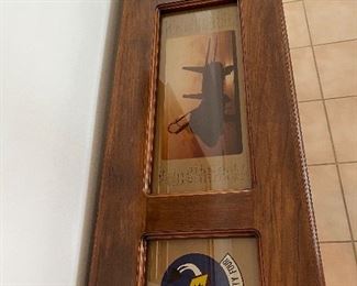 51 - $250 Hall wood table 31x49x16 Tom Cat plane memorabilia (crack glass corner)