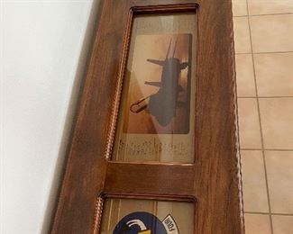 51 - $250 Hall wood table 31x49x16 Tom Cat plane memorabilia (crack glass corner)
