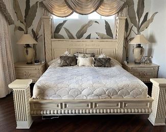 55 - $1,600 Cal King size bed 80"T posts x 98W Brookstone mattress 2 night stands 25Hx36Wx24D