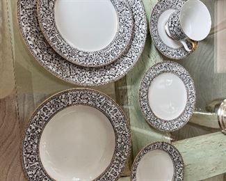 98 - $295 	Sango Spanish Lace, white black and gold rim - 89 pieces 		
