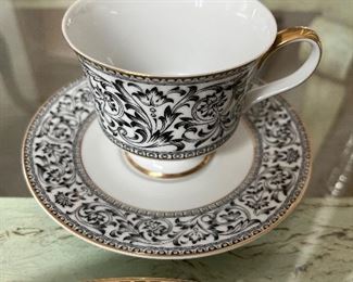 98 - $295 	Sango Spanish Lace, white black and gold rim - 89 pieces 