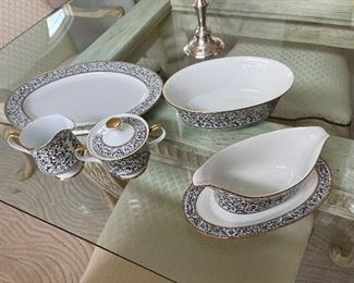 98 - $295 	Sango Spanish Lace, white black and gold rim - 89 pieces 