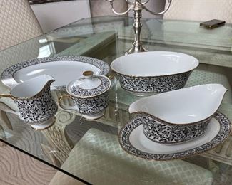 98 - $295 	Sango Spanish Lace, white black and gold rim - 89 pieces 