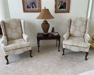 28 - $400 	Pair of wing back chairs tan & cream 45Tx28 arm to arm 		

