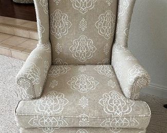 28 - $400 	Pair of wing back chairs tan & cream 45Tx28 arm to arm 		
