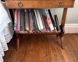 Vintage side table with slanted bookshelf  27.5 L X 27 H X 15.5 D
